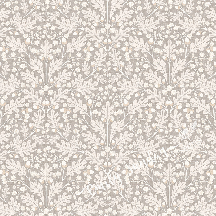 Small Scale Heritage Oak & Acorn Ogee Espresso Brown peel and stick wallpaper pattern swatch